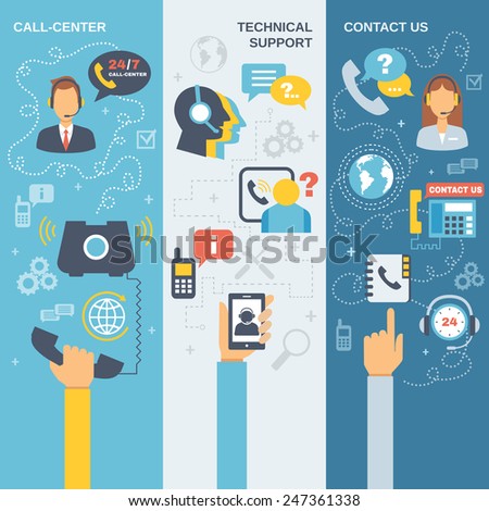 Technical support call center contact us flat vertical banner set isolated vector illustration