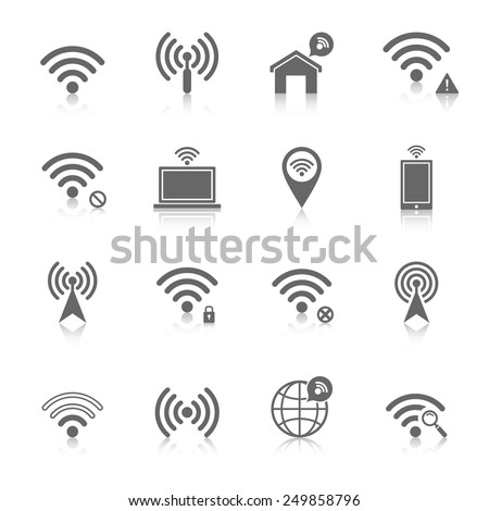 Wifi wireless local network internet connection access points icons set with antenna black abstract isolated vector illustration