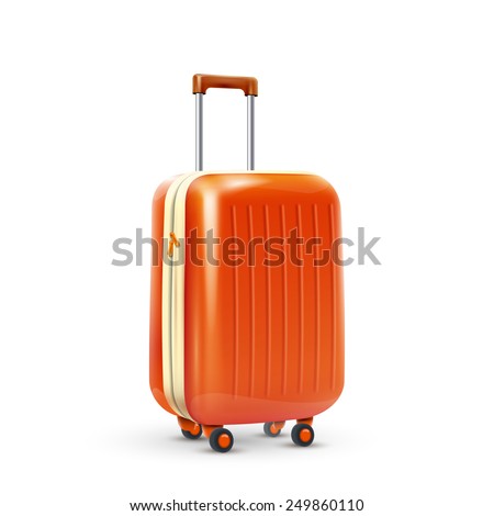 Orange travel plastic suitcase with wheels realistic on white background vector illustration