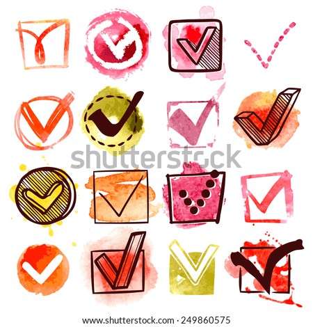 Water colored check questionnaire box accept mark set isolated vector illustration