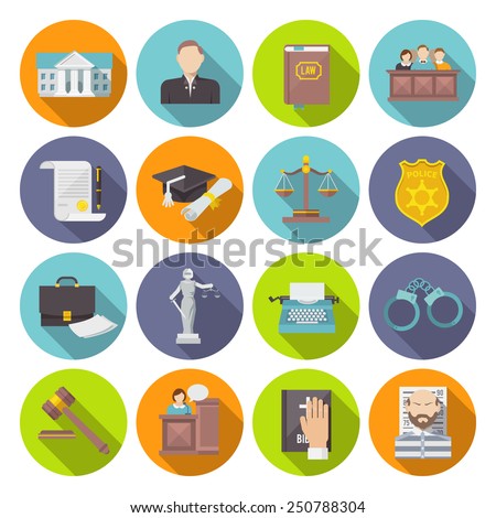 Law icon flat set with lawyer jail court jury isolated vector illustration