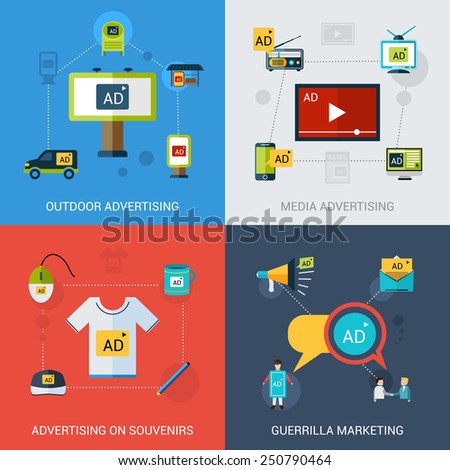 Advertising design concept set with outdoor media souvenirs marketing flat icons isolated vector illustration