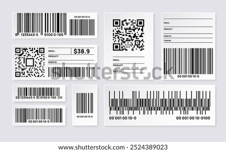 A collection of various barcodes and QR codes on white labels with product information and prices.