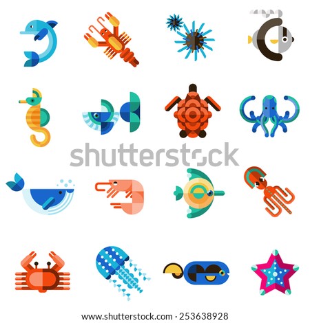 Sea creatures underwater animal life set with dolphin seahorse fish crab isolated vector illustration