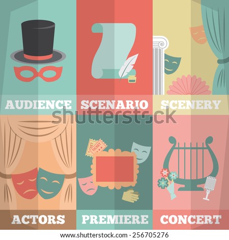 Theatre poster mini set with audience scenario scenery actors premiere concert isolated vector illustration
