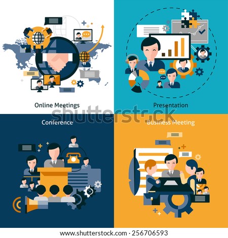Business meeting design concept set with online presentation business conference flat icons isolated vector illustration