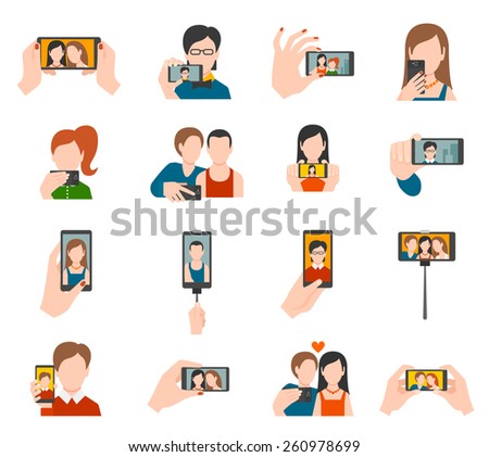 Selfie icons flat set with people taking photo portraits isolated vector illustration