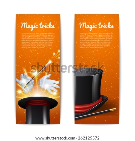 Magic trick vertical banners set with magician cylinder stick and gloves isolated vector illustration
