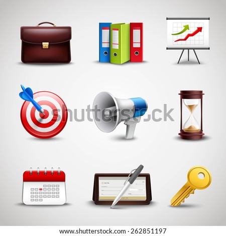 Realistic business icons set with 3d briefcase folders and chart isolated vector illustration