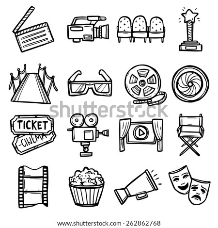 Cinema and entertainment arts hand drawn decorative icons set with clapperboard camera chairs award isolated vector illustration