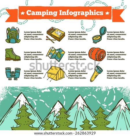 Camping infographics sketch set with outdoor recreation icons and mountains on background vector illustration