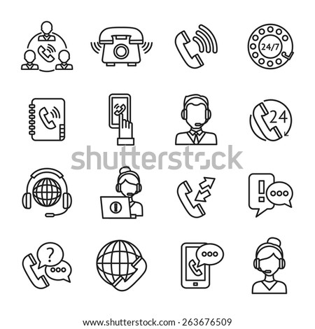 Call center question answer service outline icons set isolated vector illustration