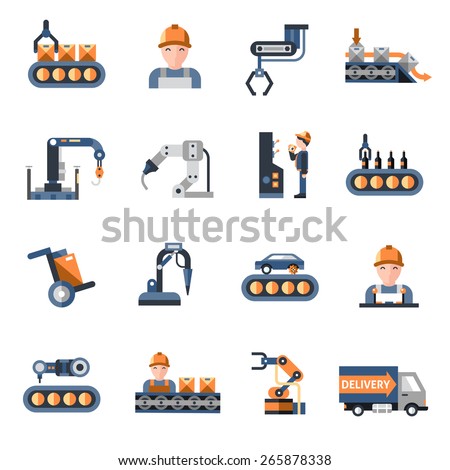 Production Line Industrial Factory Manufacturing Process Icons Set ...