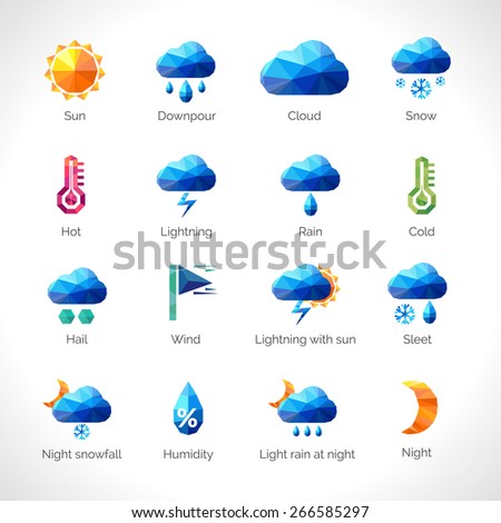 Weather forecast polygonal icons set with sun cloud rain snow symbols isolated vector illustration