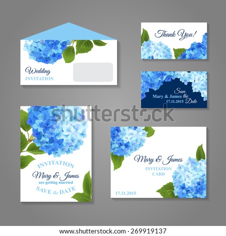 Wedding invitation cards set with hydrangea flower bouquet isolated vector illustration