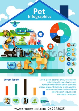 Pet infographics set with domestic animals reptiles and birds and charts vector illustration