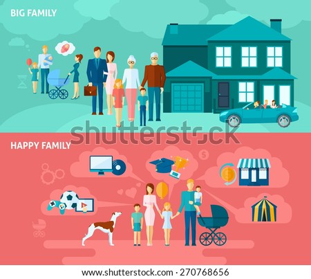 Family horizontal banner set with happy people relationships elements isolated vector illustration