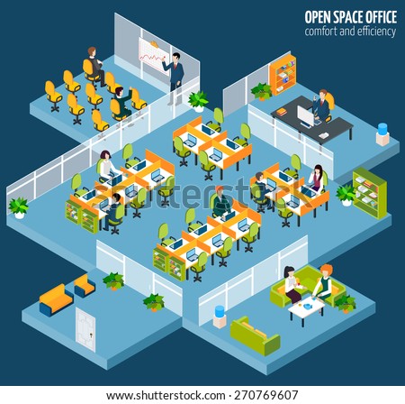 Open space office with isometric business company interior and people vector illustration
