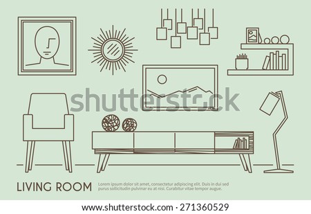 Living room interior design with outline furniture set vector illustration