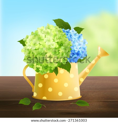 Watering can with green and blue hydrangea flowers on wooden table vector illustration