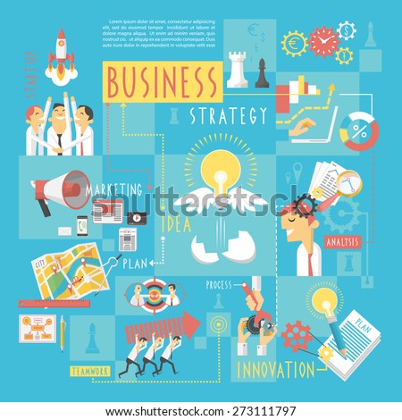 Startup business plan strategic schema with infographic elements poster of marketing analyzing  teamwork abstract sketch vector illustration