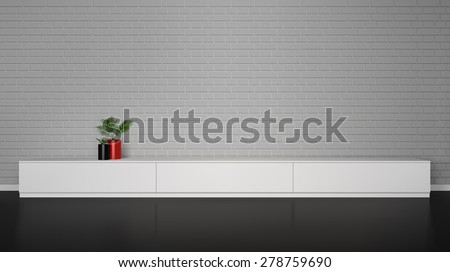 Minimalistic interior with  white cupboard table and plants in pot and brick wall vector illustration