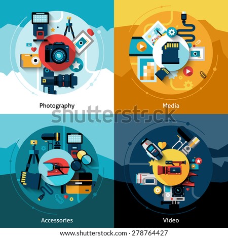 Camera design set with photography media accessories and video flat icons isolated vector illustration