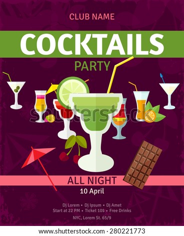 Tropical summer vacation holidays night club entertainment cocktail party announcement poster with dark background abstract vector illustration