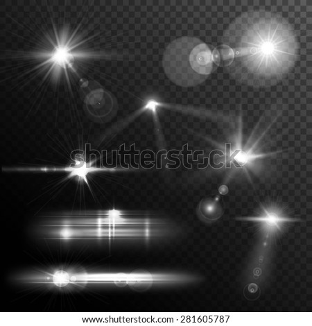 Realistic lens flares star lights and glow white elements on transparent background vector illustration