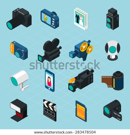 Isometric photo and video icons set with professional camera and equipment isolated vector illustration