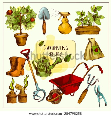 Gardening tools sketch set colored with shovel spray rubber boots isolated vector illustration