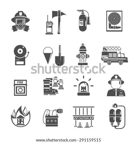Fire icon flat black set with water hydrant alarm firefighter helmet isolated vector illustration