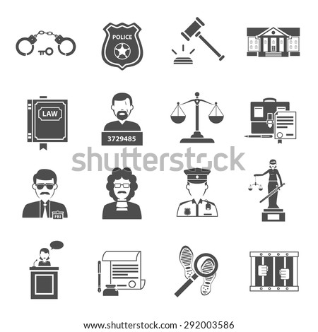 Law icon flat black set with lawyer courthouse judge isolated vector illustration