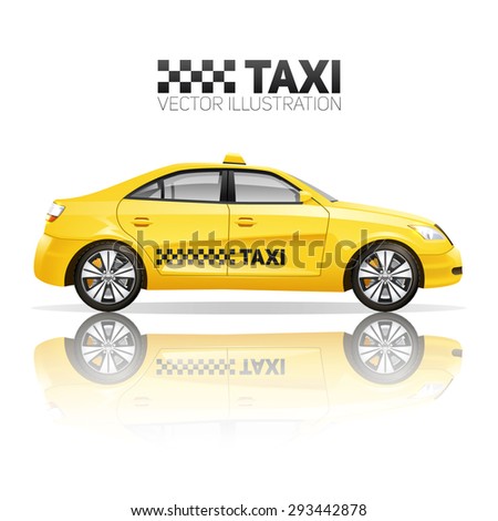 Taxi poster with realistic yellow public service car with reflection vector illustration