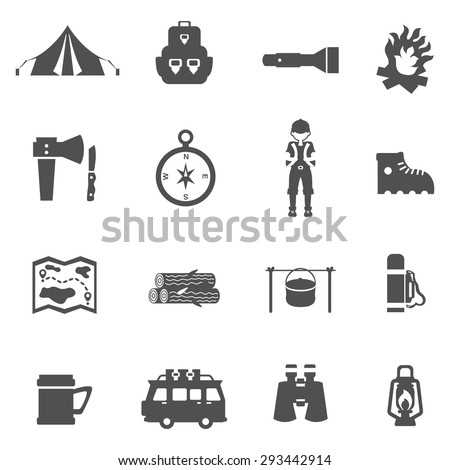 Camping tourism and recreation icons flat black set isolated vector illustration