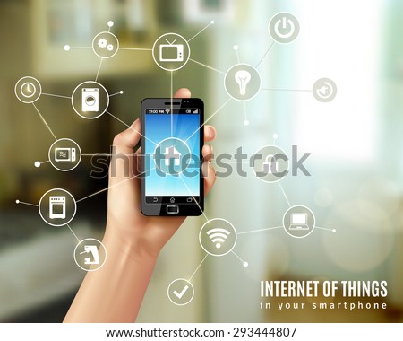 Internet of things concept with realistic human hand holding smartphone vector illustration