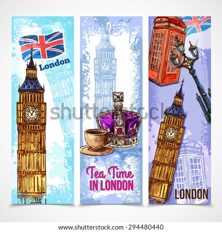 London vertical banner set with sketch tourist attraction symbols isolated vector illustration