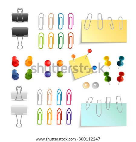 Paper clips binders and pins white black and colored 3d object set isolated vector illustration
