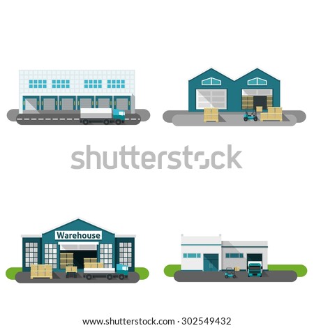 Warehouse building flat icons set with transportation vehicles isolated vector illustration