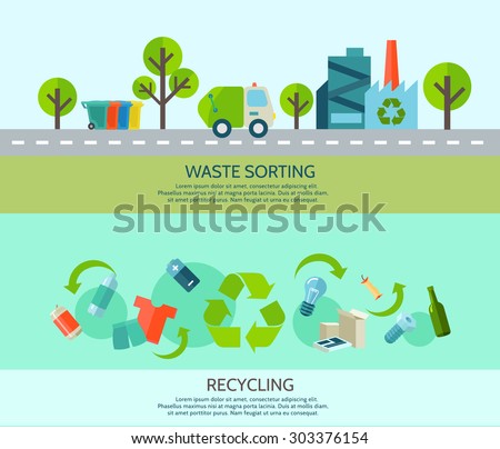 Waste sorting and recycling horizontal banners set with materials and factory flat isolated vector illustration 