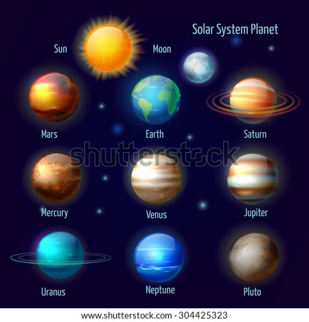 Solar System 8 Planets And Pluto With Sun Pictograms Set. Astronomical ...