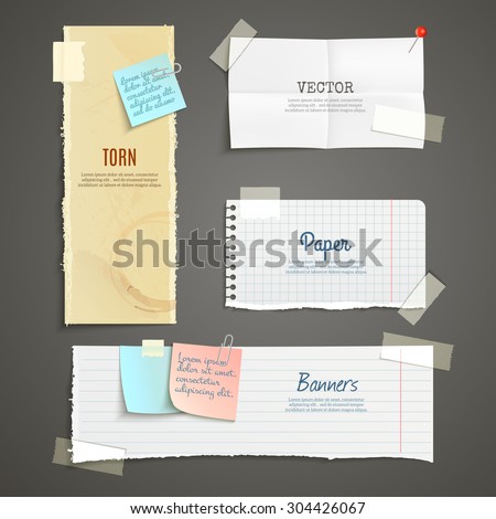 Torn paper lined plaid white yellow clear and folded vertical and horizontal banner set isolated vector illustration