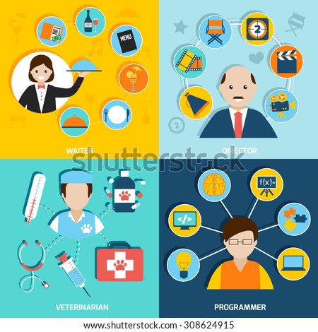People professions flat icons set with waiter director veterinarian programmer isolated  illustration