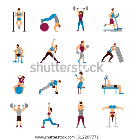 Strength training workout set with flat male and female sporty figures isolated vector illustration