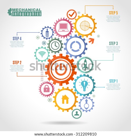 Color mechanism infographic with integrated gears and icons for digital internet connect social and global vector illustration