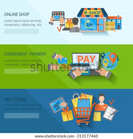 Shopping e-commerce horizontal flat banners set with online convenient payment elements isolated  illustration