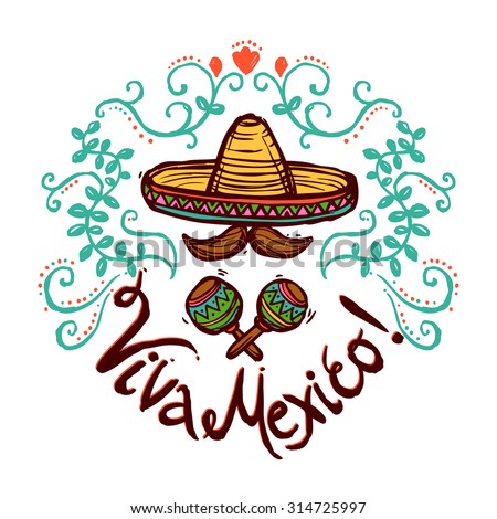 Mexico concept with sketch sombrero maracas and floral ornament vector illustration