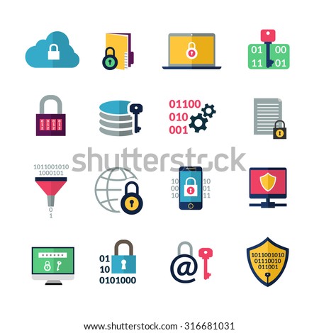 Data encryption and information protection technology icons isolated vector illustration