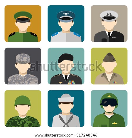 Military servicemen in uniform internet users avatar head and shoulder icons set flat  abstract isolated vector illustration