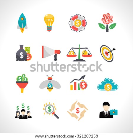 Startup business money raising crowdfunding solution flat icons set with starting rocket abstract isolated vector illustration